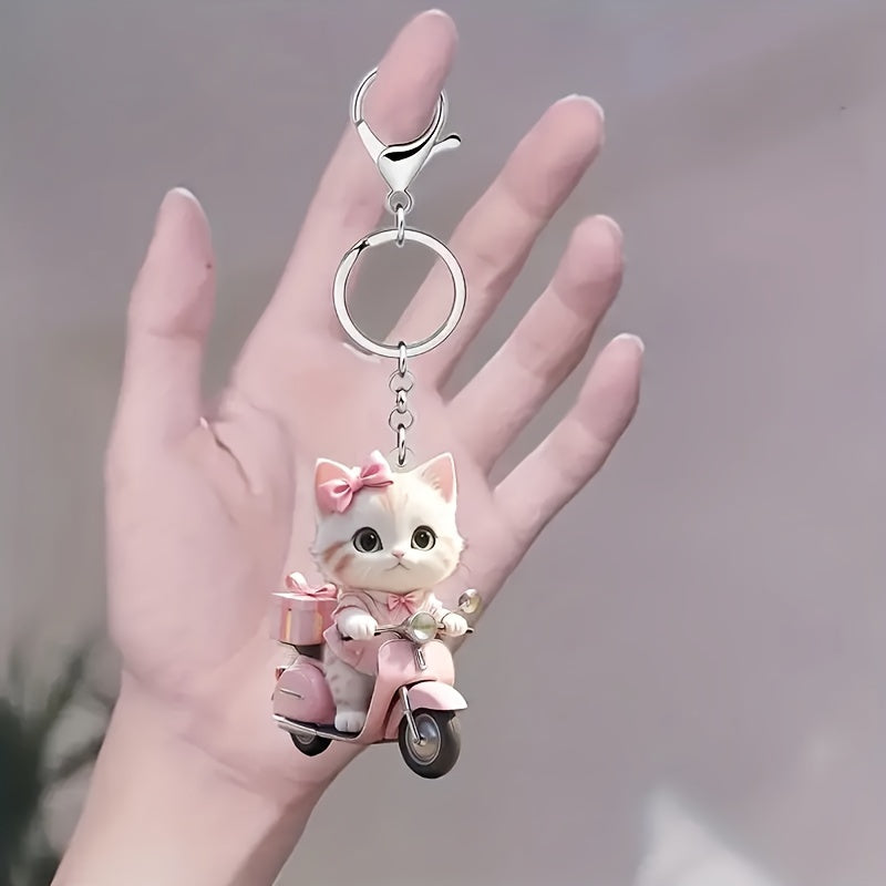 Pink Kawaii Cat on Scooter Acrylic Keychain - Durable Non-Plated Precious Metal Charm for Keys, Wallets & Backpacks, Simple Style Animal Accessory with Vibrant Color - Pack of 1