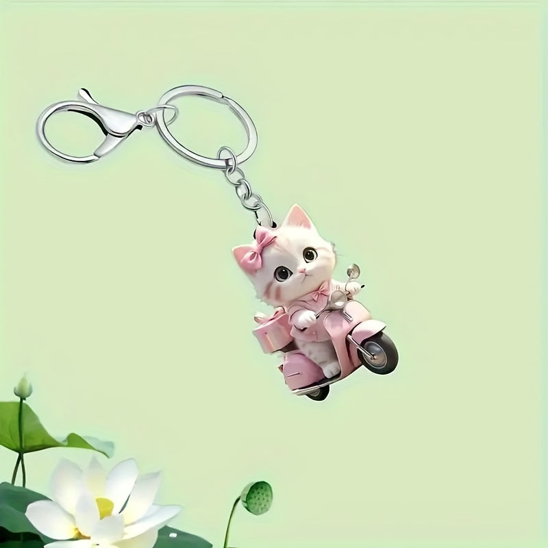 Pink Kawaii Cat on Scooter Acrylic Keychain - Durable Non-Plated Precious Metal Charm for Keys, Wallets & Backpacks, Simple Style Animal Accessory with Vibrant Color - Pack of 1