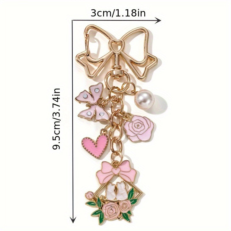 Sweet Romance Charms Floral, Heart & Butterfly Keychain with Faux Pearl Accents