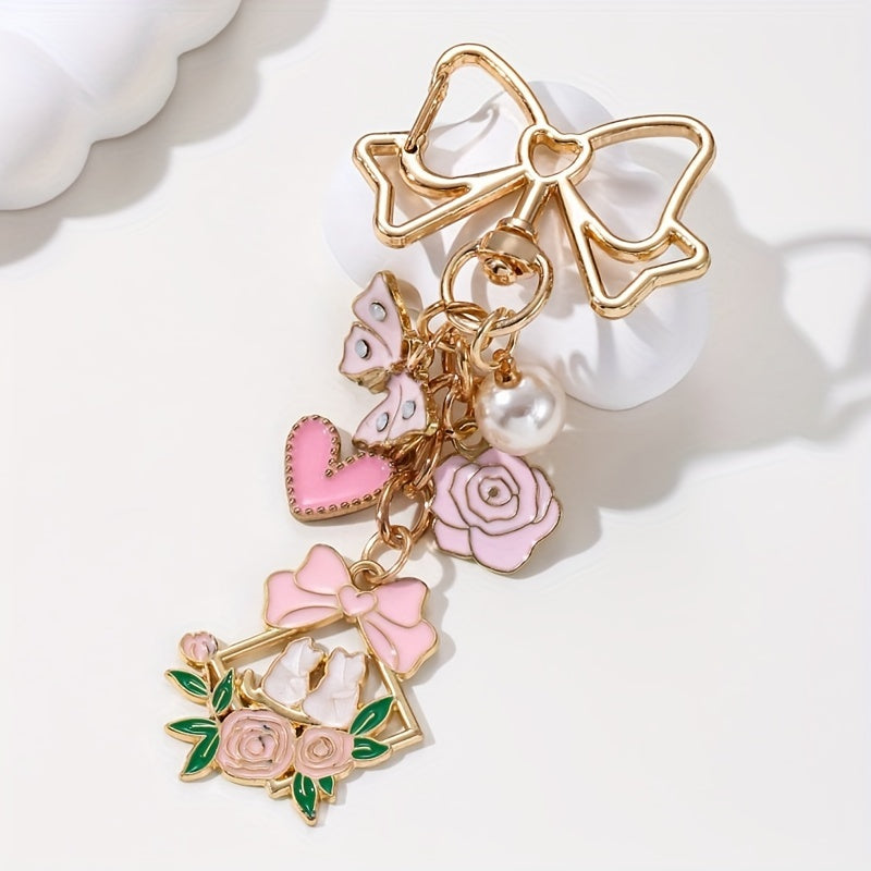 Sweet Romance Charms Floral, Heart & Butterfly Keychain with Faux Pearl Accents