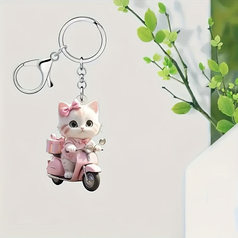 Pink Kawaii Cat on Scooter Acrylic Keychain - Durable Non-Plated Precious Metal Charm for Keys, Wallets & Backpacks, Simple Style Animal Accessory with Vibrant Color - Pack of 1