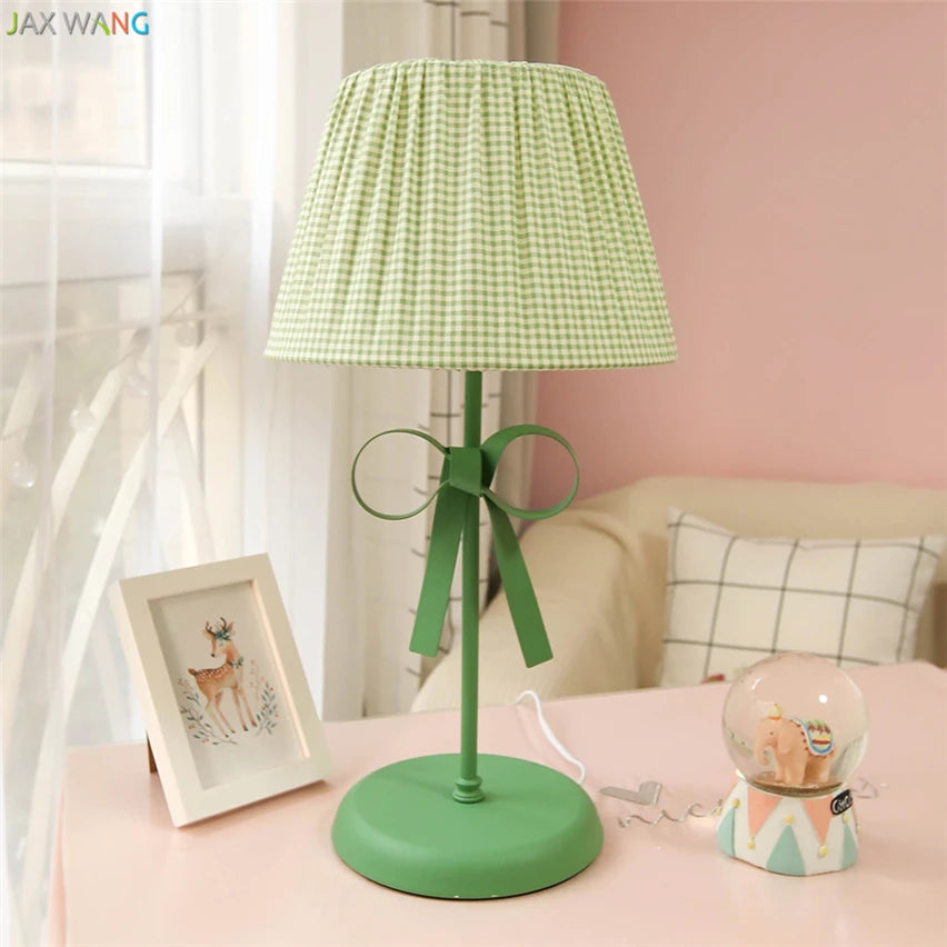 JW Korean Style Iron Butterfly Knot Table Lamp Fabric Lampshade Lights for Children Room Bedside Princess Girls Lamps Lighting