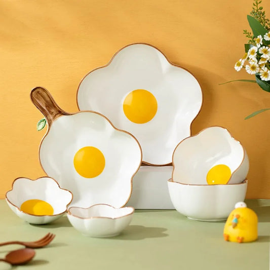 Korean Irregular Ceramic Bowl Gold-plated Egg Plate Cute Tableware Cooking Dishes Salad Pasta Plate Kitchen Utensils Porcelain