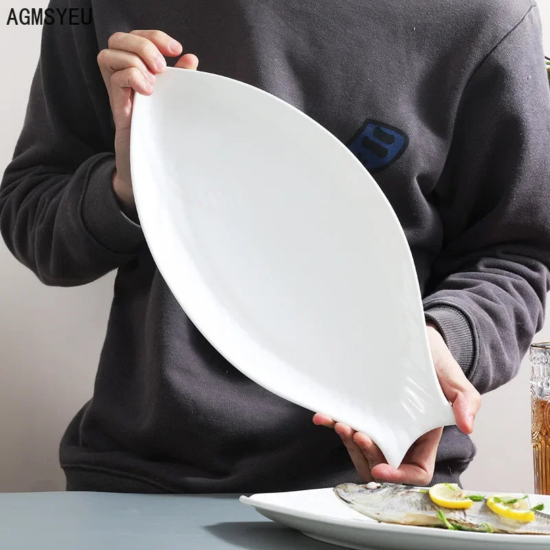 Creative Household Ceramic Fish Plate Tableware Fish Shape Simple White Steamed Fish Large Plate Hotel Kitchen Tableware Plate