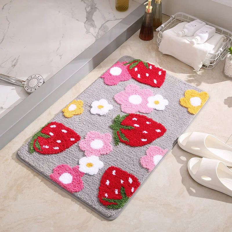 Cute Strawberry Tufted Bath Mat Pink Sweet Girls Soft Plush Home Decor Carpet Bedroom Rug Non-slip Hallway Entrance Doormat