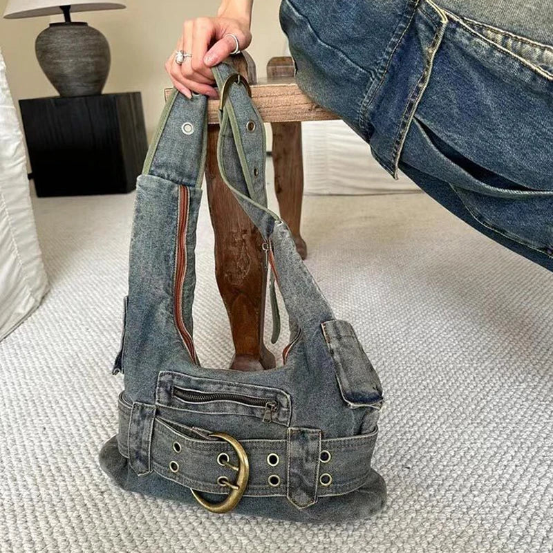 Trendy Women Vintage Denim Punk Shoulder Bag Y2k Streetwear Grunge Handbag Cool Girls Retro Gothic Casual Underarm Bags