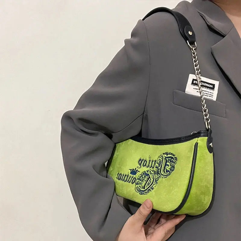 Y2K Vintage Korean Armpit Shoulder Green Underarm Tote Bag Ladies Sling Velvet Saddle Bag Women Zip Purses Party Bagutte Handbag