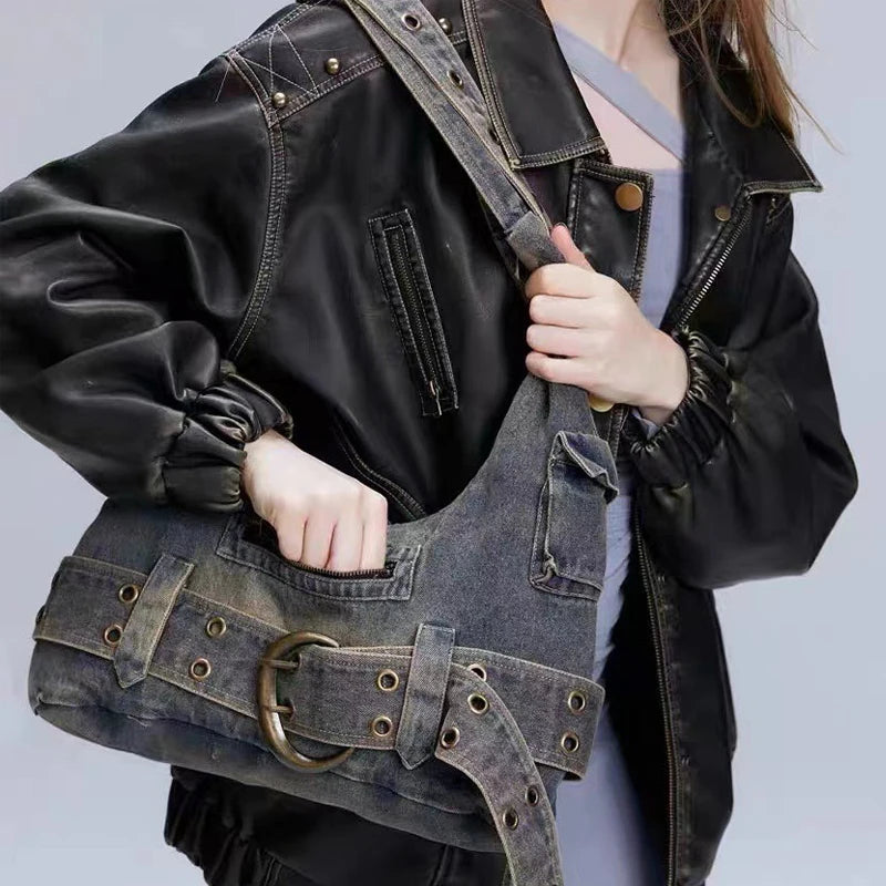 Sac à bandoulière tendance pour femmes, vintage, denim, punk, Y2k, streetwear, grunge, sac à main, cool, rétro, gothique, décontracté, sous les bras