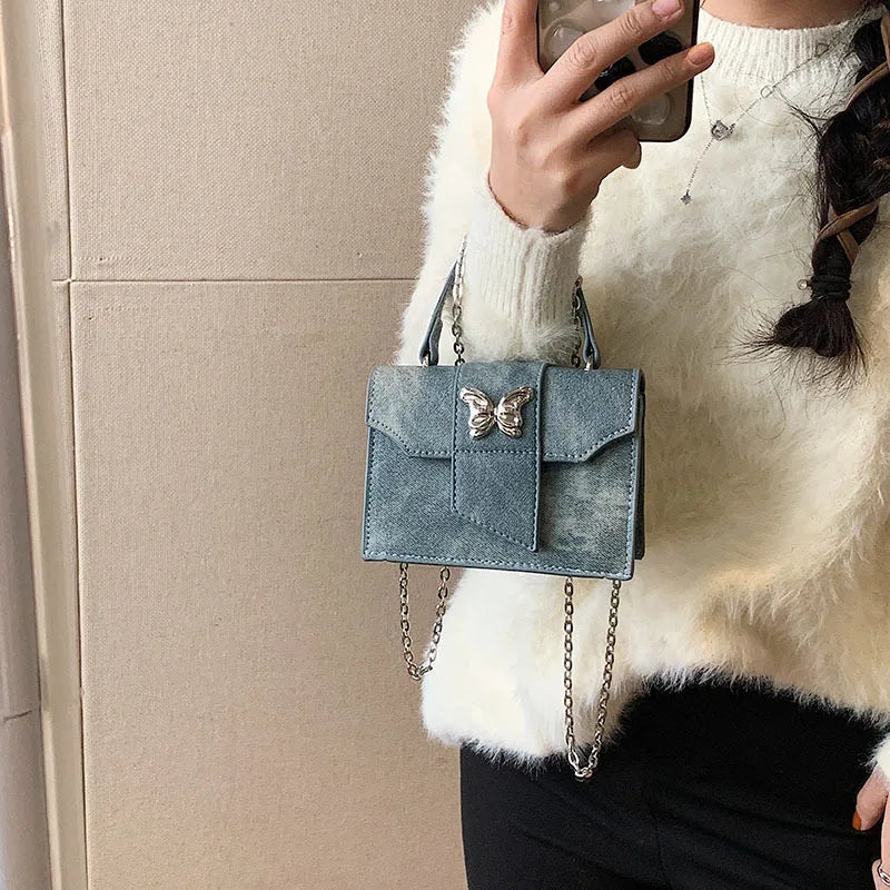 Sac à main vintage bleu mignon papillon pour femmes, nouvelle mode, mini sac carré, sac à bandoulière à chaîne de qualité supérieure, sac à bandoulière pour voiture