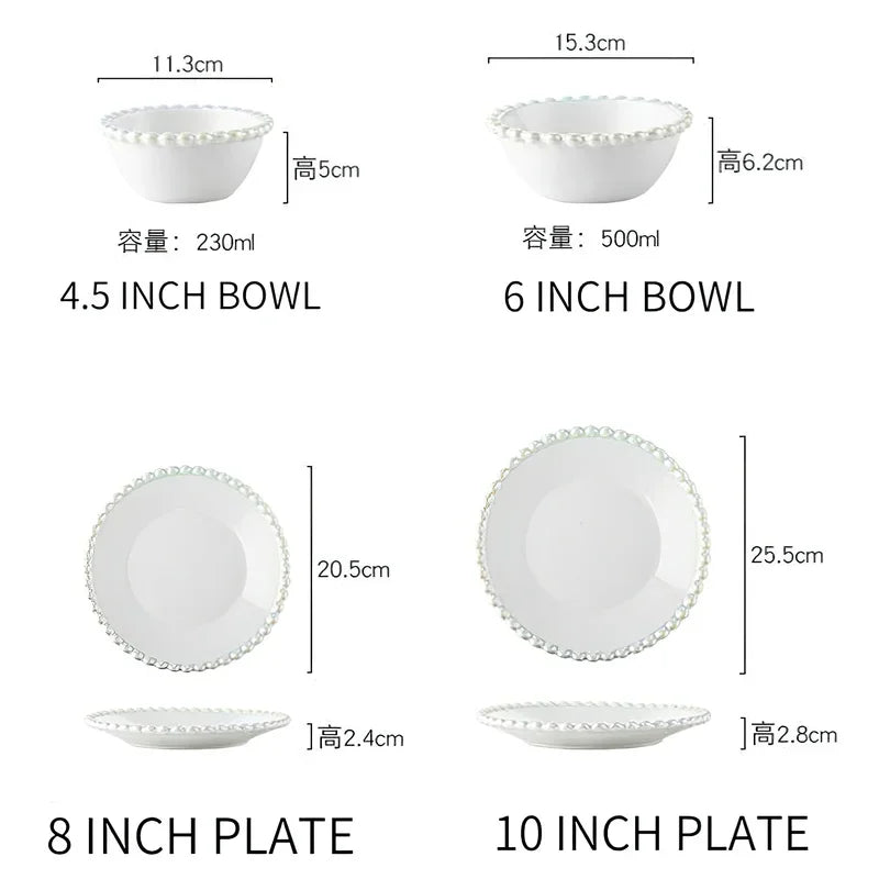 1pcs Ceramic Tableware Creative Pearl Shell Edge Round Bowl Porcelain Plate Salad Rice Soup Bowls Kitchen Western Steak Dish