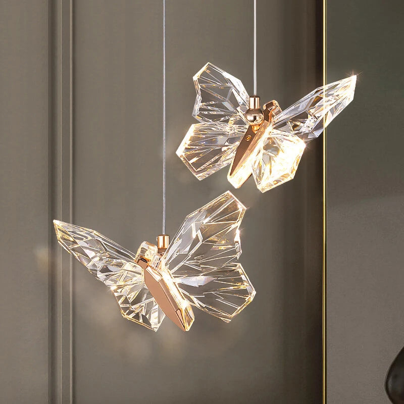 Crystal Butterfly Pendant Lamps for Home Decor LED Lighting, Bedroom, Bedside, Hotel, Lobby, Stairs, Hanging Light Fixtures