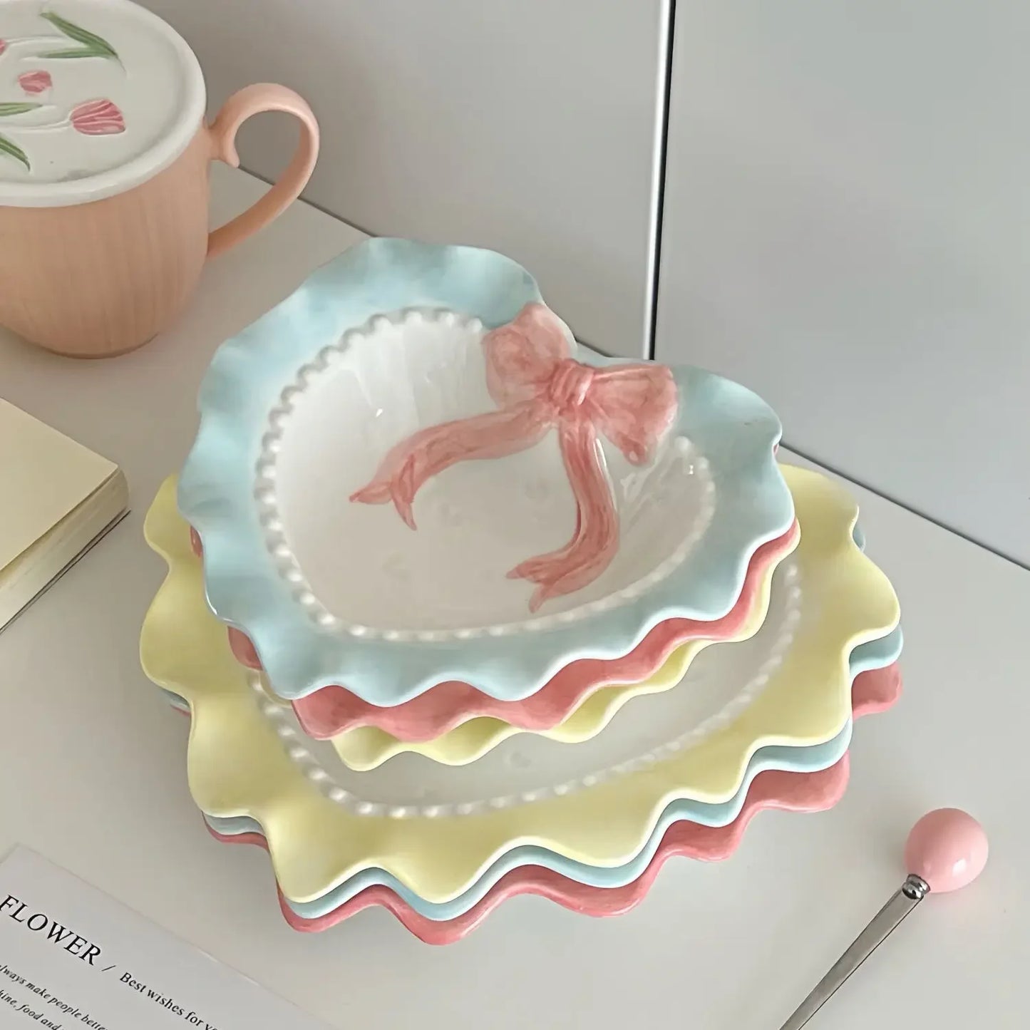 INS Wind Bowl Plate Cute Wave Edge Bow Knot Love Wave Dot Ceramic Lace Tableware Girl Heart Home Rice Bowl Plate Dessert Plate