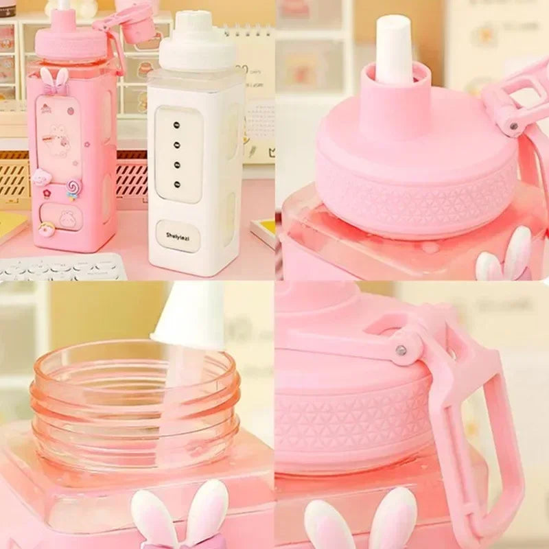 700ml Cute Water Bottle for Girls with Lid Straw Sticker Plastic Juice Milk Portable Kawaii Tumbler Children's Drinkware