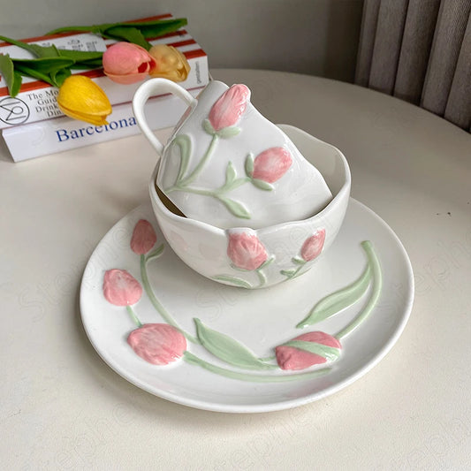 Three-dimensional Relief Tulip Hand-painted Ceramic Plates and Bowls European Classical Fruit Salad Bowl Afternoon Tea Tableware