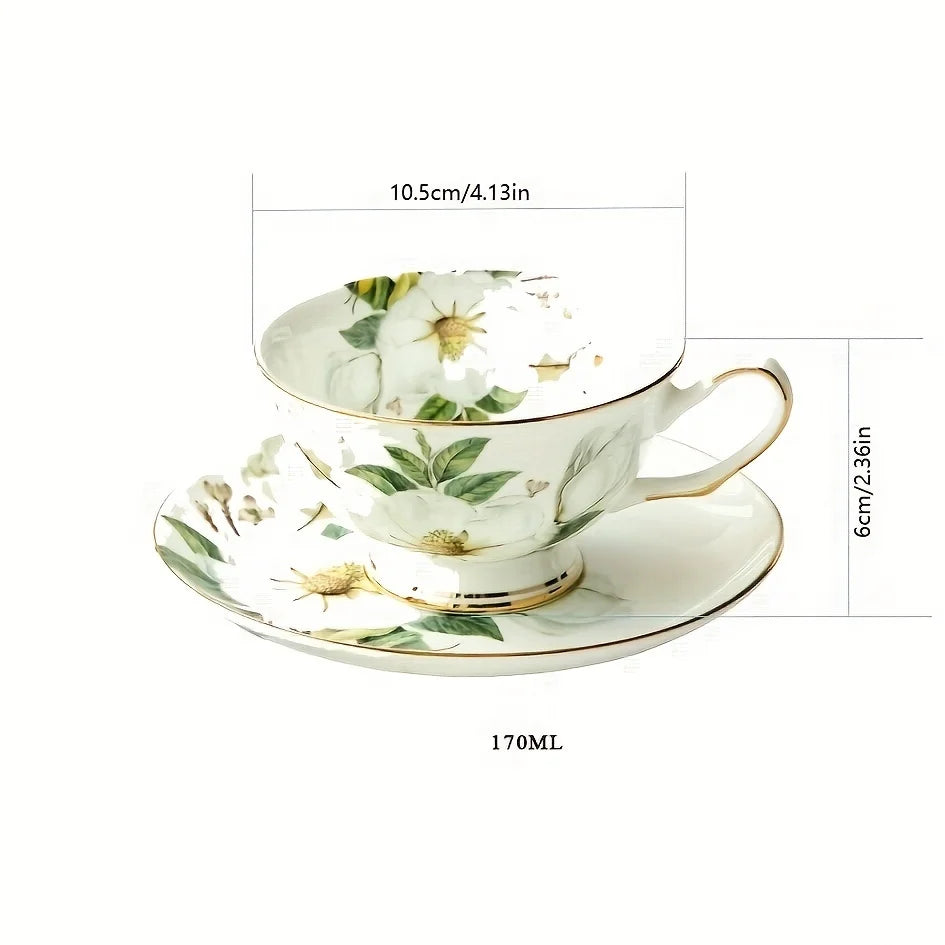 Elegant Camellia Ceramic Tea cup and Saucer Set - 5.7oz, Perfect for Tea Parties, Breakfast, and Everyday Elegance