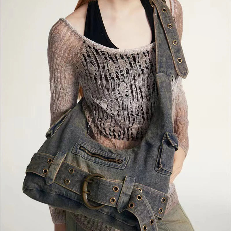 Trendy Women Vintage Denim Punk Shoulder Bag Y2k Streetwear Grunge Handbag Cool Girls Retro Gothic Casual Underarm Bags