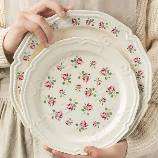 Rose Pattern Dinner Plate Vintage Ceramic Plates Steak Pasta Plates Fruit Salad Cake Dishes Bowl Tableware Household Restaurant