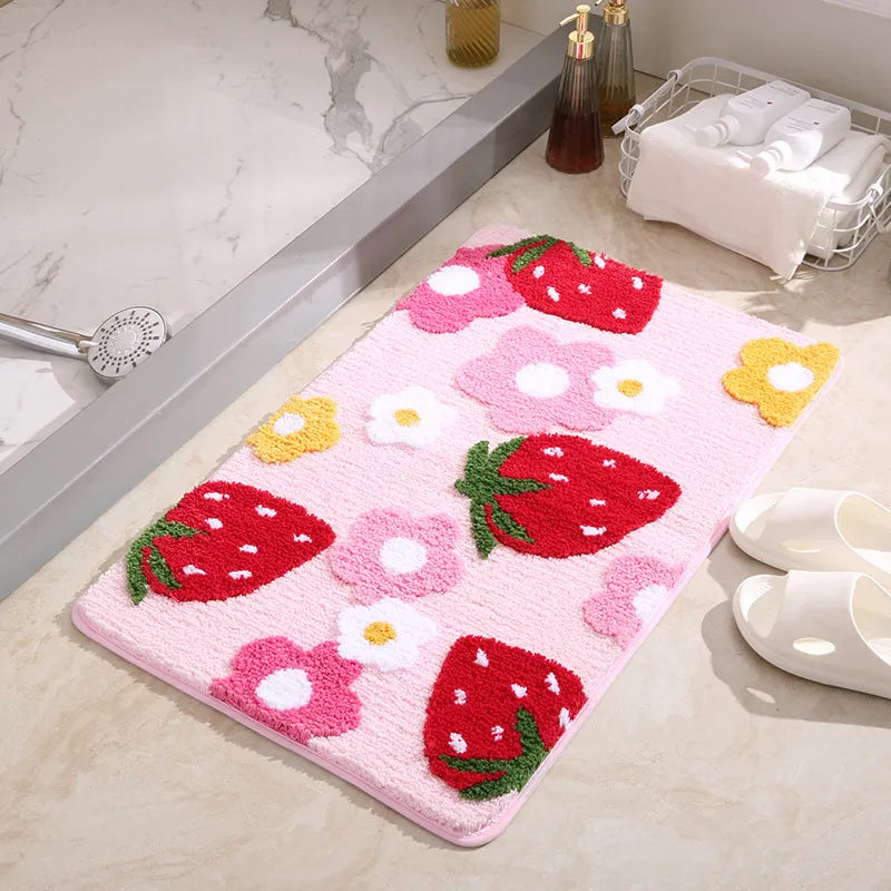 Cute Strawberry Tufted Bath Mat Pink Sweet Girls Soft Plush Home Decor Carpet Bedroom Rug Non-slip Hallway Entrance Doormat