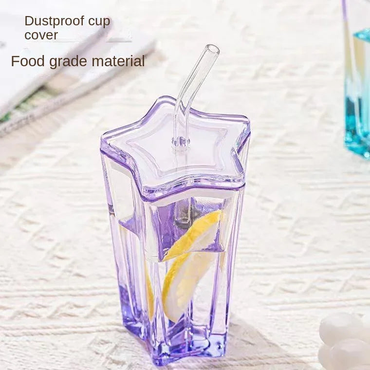 Good-looking Cup with Straw Five-Pointed Star Glass Cup Color Gradient Cup Cold Drink Cup Coffee Cup with Lid Drinking Cup