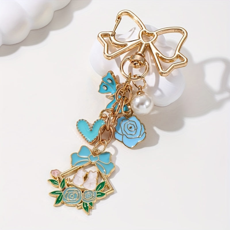 Sweet Romance Charms Floral, Heart & Butterfly Keychain with Faux Pearl Accents