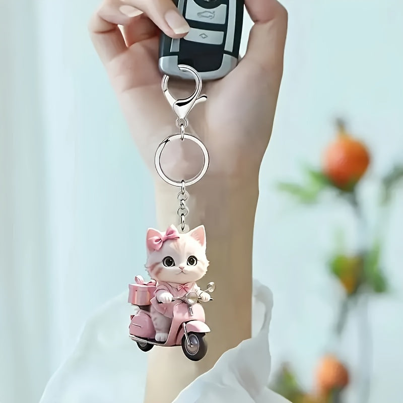 Pink Kawaii Cat on Scooter Acrylic Keychain - Durable Non-Plated Precious Metal Charm for Keys, Wallets & Backpacks, Simple Style Animal Accessory with Vibrant Color - Pack of 1