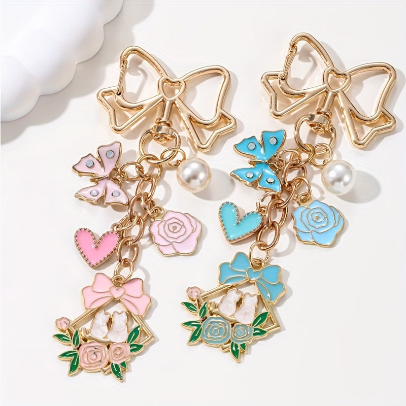 Sweet Romance Charms Floral, Heart & Butterfly Keychain with Faux Pearl Accents